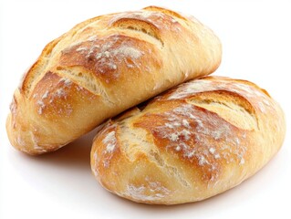 Fototapeta premium Two crusty loaves of freshly baked bread stacked on a white surface showcasing golden brown color and flour dust in a studio shot