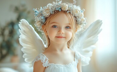 Caucasian female child angelic costume with wings and floral crown