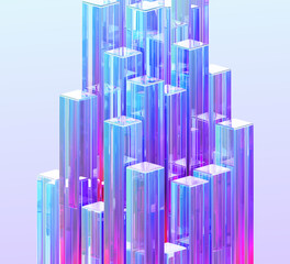Neon glass pillars 3d background. Crystal holographic square columns with rainbow light flare and sparkle effect. Abstract render rectangular block shapes. Modern architecture design. 3D illustration