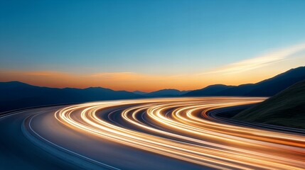 Curving light trails on mountain highway at sunset