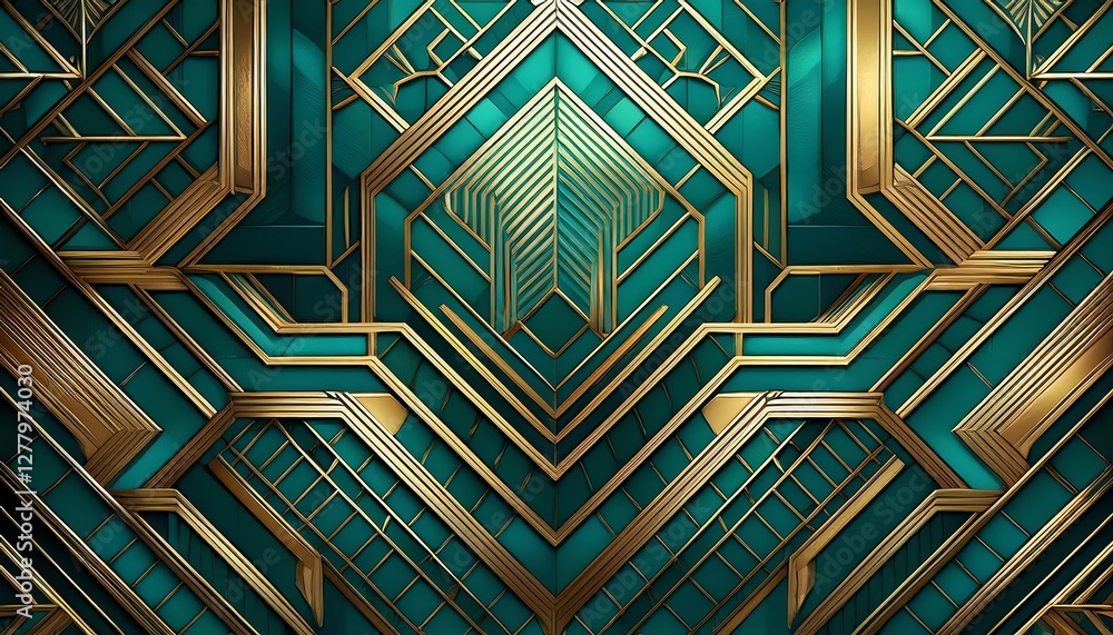Poster a geometric design featuring intricate patterns in teal and gold, creating a luxurious and modern ae