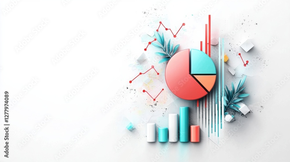 Poster colorful data visualization infographic with various charts and graphs for financial reporting and b