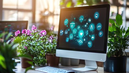 Fototapeta premium Desktop Computer Displays Network Connectivity Icons and Heart Symbol, Surrounded by Plants in Office Setting