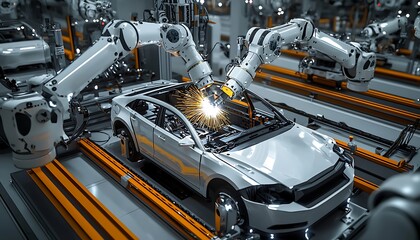 Fototapeta premium Industrial robotic arms, automotive assembly line, luxury sports car chassis, futuristic factory, high-tech manufacturing, precision engineering, automated production, metallic orange and teal color 