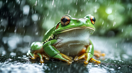 Red-eyed Tree Frog shelter from the heavy rain ai generative