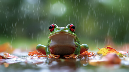 Red-eyed Tree Frog shelter from the heavy rain ai generative