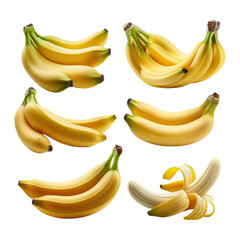 Fresh Bananas Displayed in Various Arrangements Isolated on White