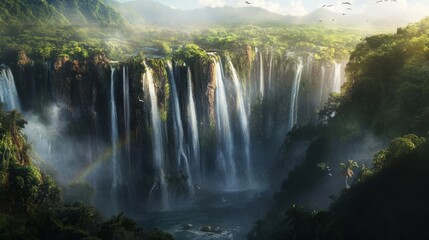 Majestic Waterfalls Cascading Down Rugged Cliffs Surrounded by Lush Tropical Vegetation - A Breathtaking Natural View