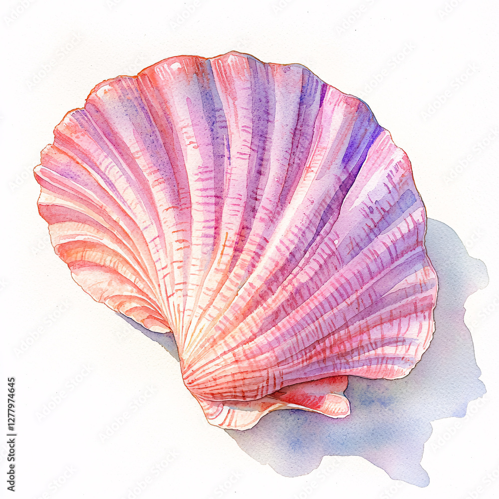 Poster colorful scallop shell with intricate texture and soft shadows.