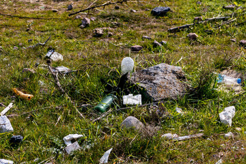 Garbage in meadow. Rubbish, trash left after picnic. Illegal garbage dump in nature. Dirty environment. 