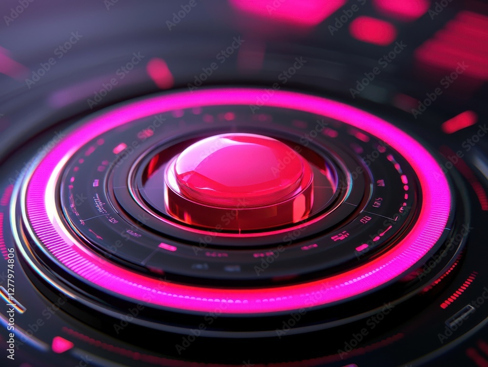 Poster a close-up of a glowing, pink button surrounded by intricate circular designs and futuristic pattern