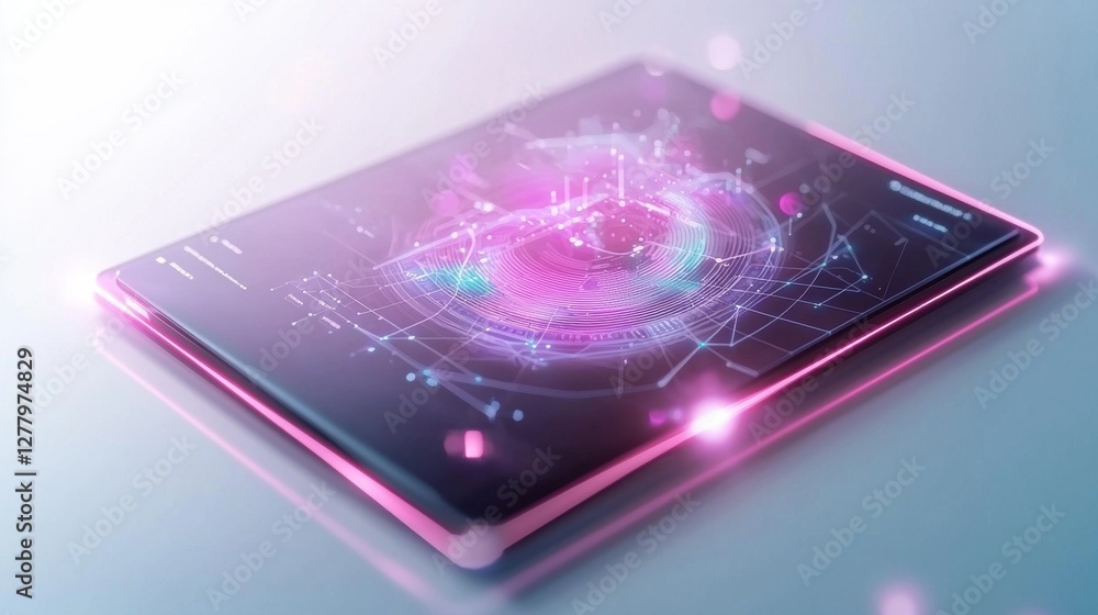 Poster futuristic digital interface with holographic display and data visualization