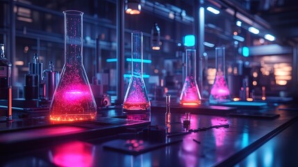 An innovative lab with glowing holograms of experiments in progress 