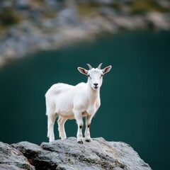 Fototapeta premium Mountain Goat Standing Firmly on a Rocky Peak Against a Backdrop of Serene Lake Beauty and Natural Peace