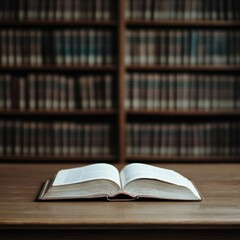 Naklejka premium Open Book on Wooden Table with Library Bookshelves Background Focus on Knowledge and Learning