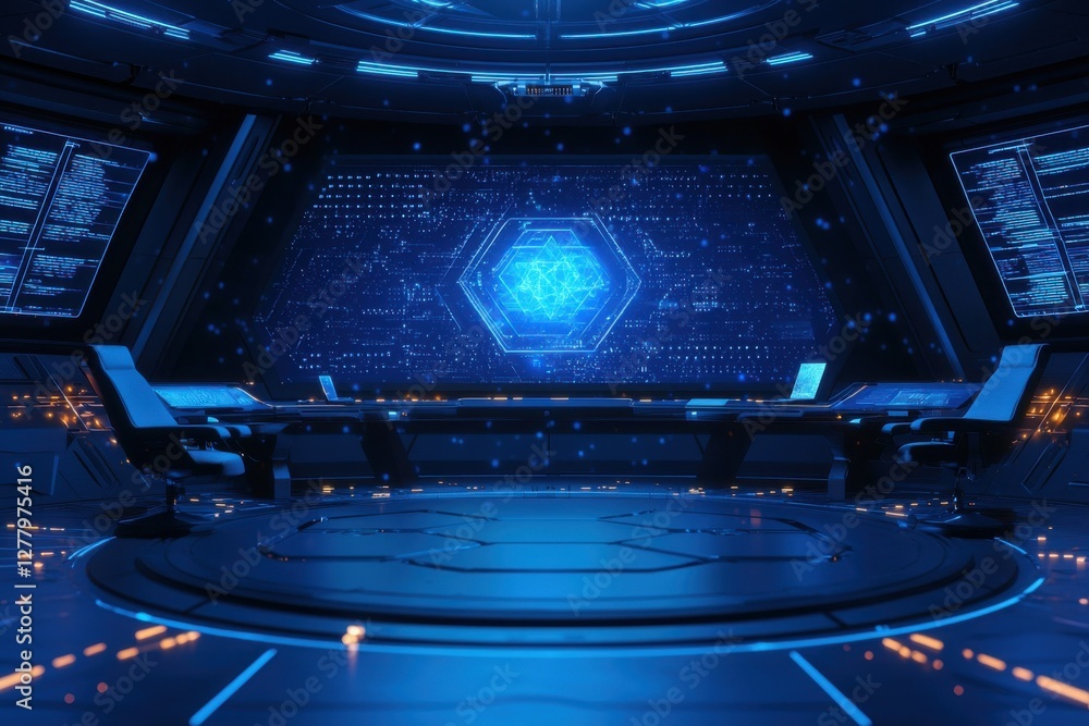 Poster a futuristic control room with blue lighting and high-tech screens, creating a sci-fi atmosphere for