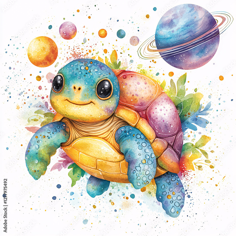 Poster colorful turtle in space with planets and splashes of paint.