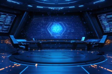 A futuristic control room with blue lighting and high-tech screens, creating a sci-fi atmosphere for advanced operations.