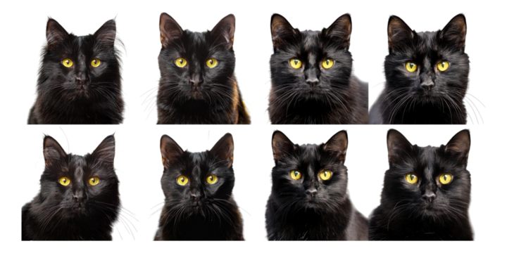 Multiple Close-Up Portraits of Black Cats with Striking Yellow Eyes