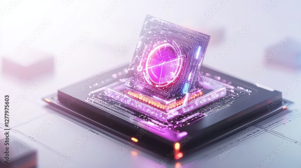 Poster glowing futuristic holographic cube displaying innovative technology interface