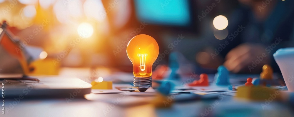 Aufkleber a glowing light bulb illuminates a tabletop with colorful game pieces, symbolizing creativity and br