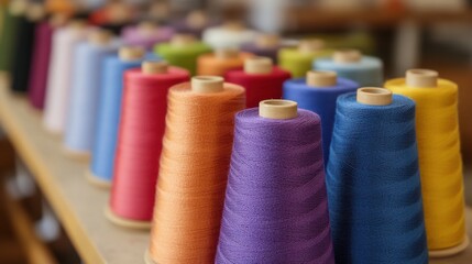 Vibrant Thread Spools in a Craft Workshop with Soft Focus Background