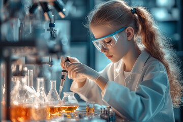 Young Girl Conducting a Chemistry Experiment in a Modern Science Laboratory &ndash; Celebrating International Day of Women and Girls in Science