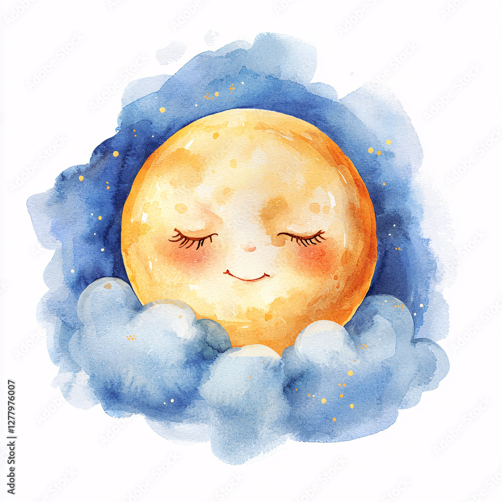 Poster smiling moon surrounded by soft clouds in a watercolor style.