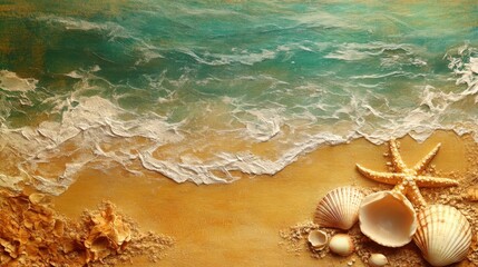 Serene Beach Scene with Seashells and Gentle Ocean Waves