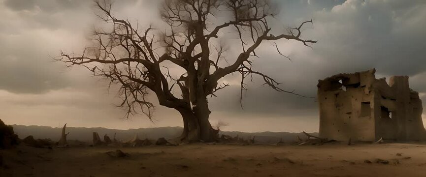 The sky was a gloomy gray, with smoke billowing in the distance