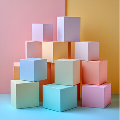 A vibrant arrangement of pastel-colored cubes stacked against a colorful background, creating a playful and modern aesthetic.