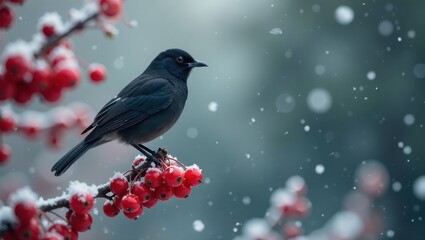 Fototapeta premium A solitary black bird perched on a snow-dusted branch laden with vibrant red berries, amidst a gentle snowfall, creating a serene winter scene.