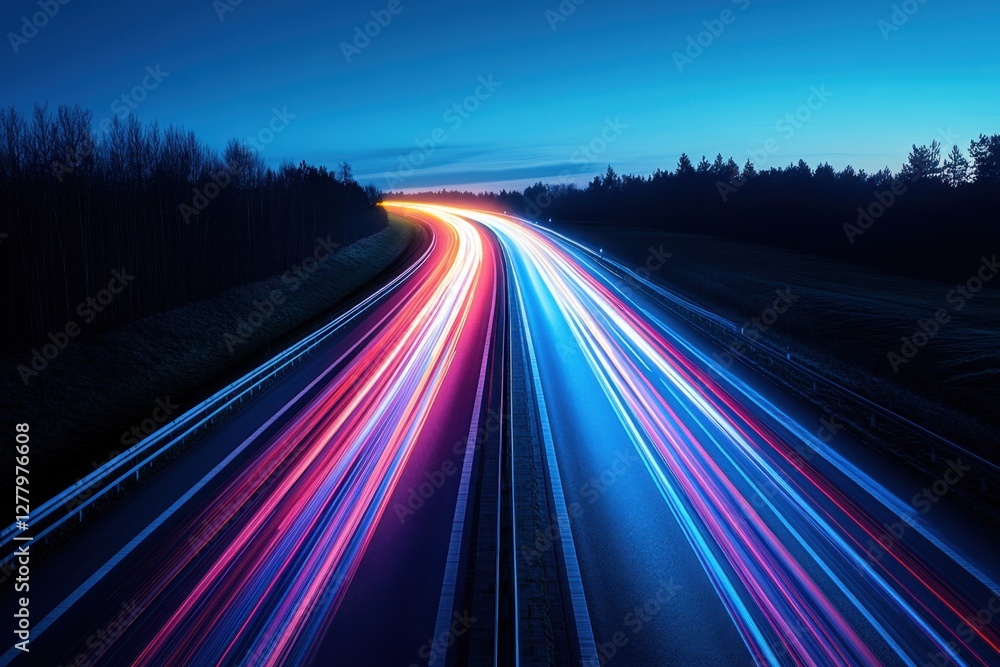 Poster dynamic highway at twilight with vibrant light trails and dark forest silhouette creating a sense of