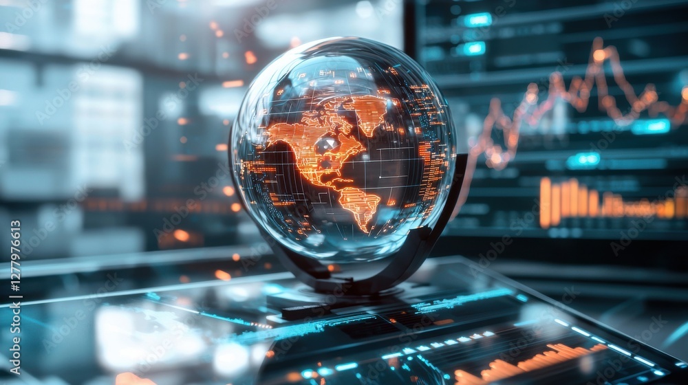 Poster futuristic globe and financial data visualization analytics