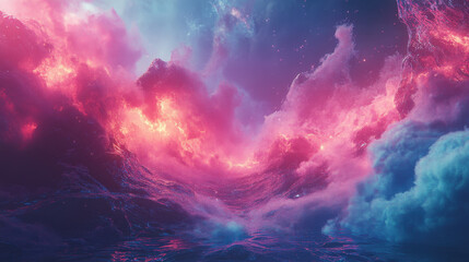 Fototapeta premium Otherworldly fantasy sky glowing with pink and blue celestial clouds resembling a cosmic explosion