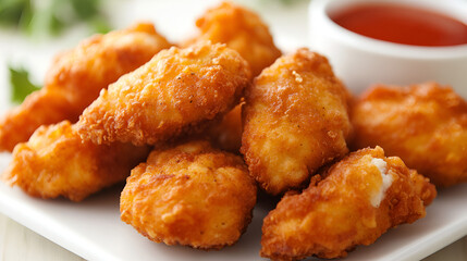 Fried crispy chicken nuggets with ketchup on white board ai generative