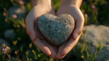 Hands holding a heart-shaped stone outdoors