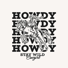 Vector T-shirt graphic features a dynamic cowgirl on horseback with bold, vintage-style 