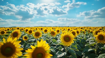 Fototapeta premium Sunflower Field Under Bright Blue Sky with Clouds on a Sunny Day
