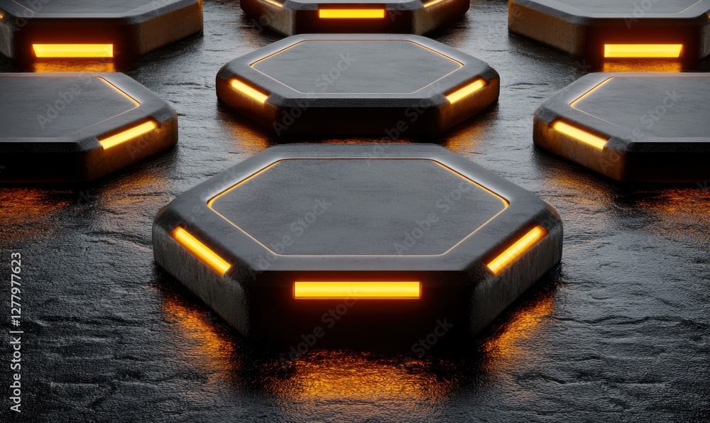 Poster futuristic hexagonal platforms illuminated with orange lights on a reflective dark surface