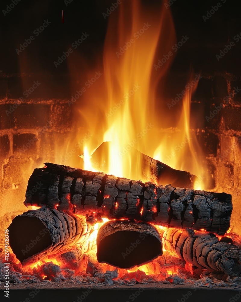 Poster captivating fireplace scene with burning logs and fiery flames creating warmth and comfort in a rust