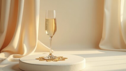 A single champagne flute filled with sparkling wine rests on a minimalist white pedestal adorned with a delicate gold decorative element, bathed in soft, warm sunlight filtering through sheer drapes.