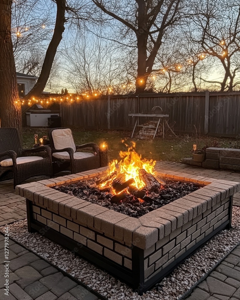 Aufkleber backyard fire pit gathering at twilight with string lights creating a cozy and inviting ambiance for