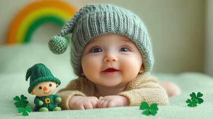 A baby in a green strip outfit playing Gnome model toy, wearing a green knitted and shamrock hat The entire scene has a festive St. Patrick's Day theme, highlighted by the green color and clover motif