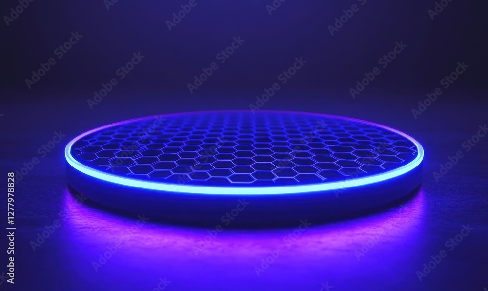 Poster futuristic illuminated circular platform with a hexagonal pattern against a dark background