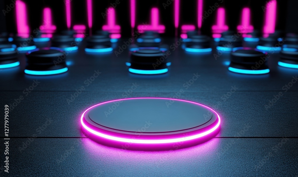 Poster futuristic illuminated circular platform surrounded by glowing buttons in a dark setting