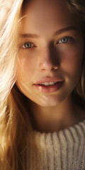 beautiful blonde woman, looking at the camera, blue-eyed, blonde, beautiful, gorgeous, warm, fresh, cute.

