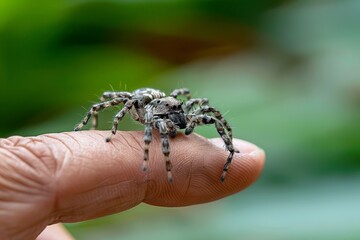 Obraz premium Close-up of tarantula on human finger in natural setting