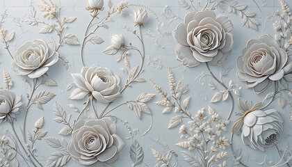 Minimalist soft botanical pattern with light grey-beige fine sketchy roses a for cosmetics packaging
