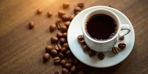Obraz premium Aromatic Dark Roast Coffee in a White Cup with Roasted Beans on a Wooden Table